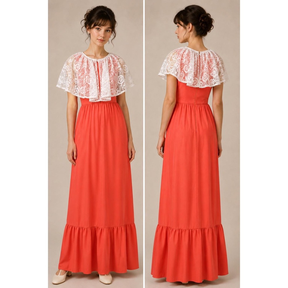 70s Coral Prom Dress Lace Cape Maxi Vintage Boho Cottagecore Coral Lace XXS XS